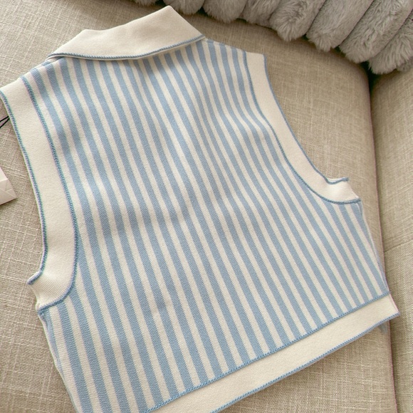 Sandro Aussy Striped Crop tank top constrast stitches size 0 XS 34 light blue - Picture 5 of 5